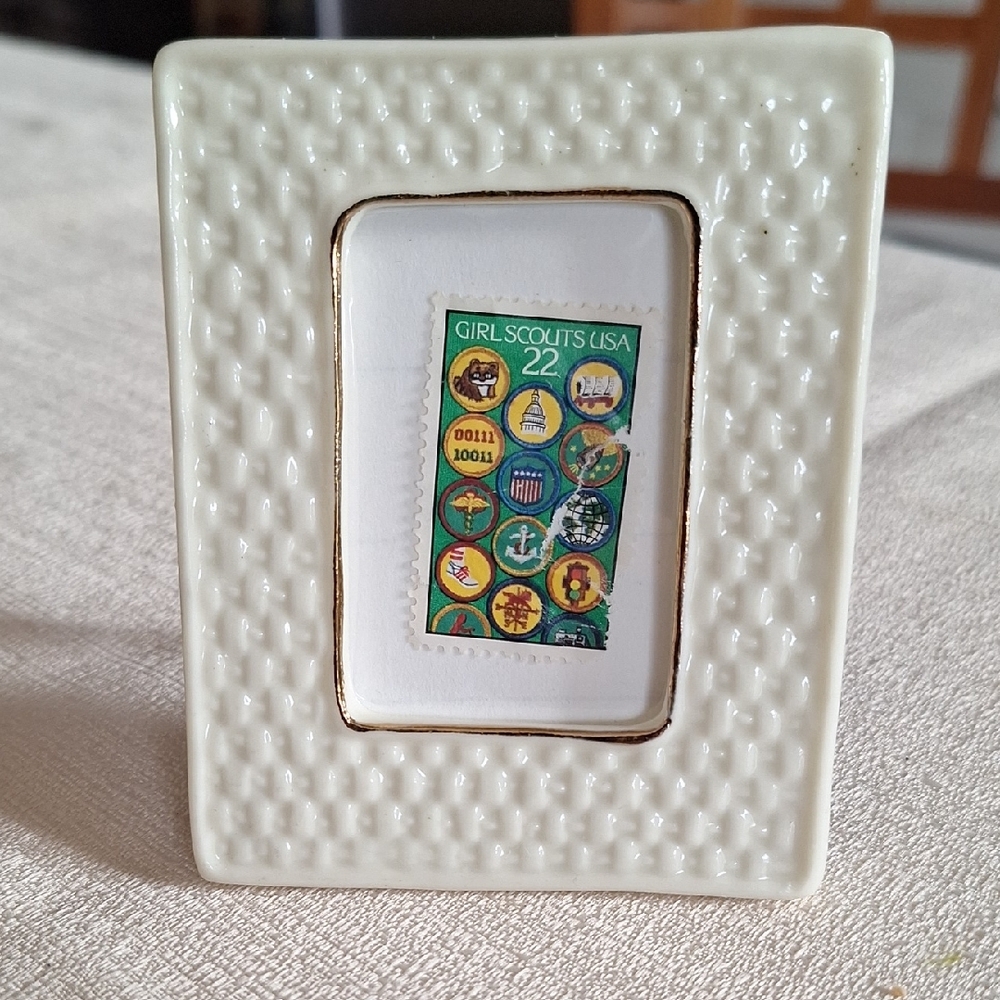 Mini Ceramic Picture Frame with Girl Scouts postage stamp